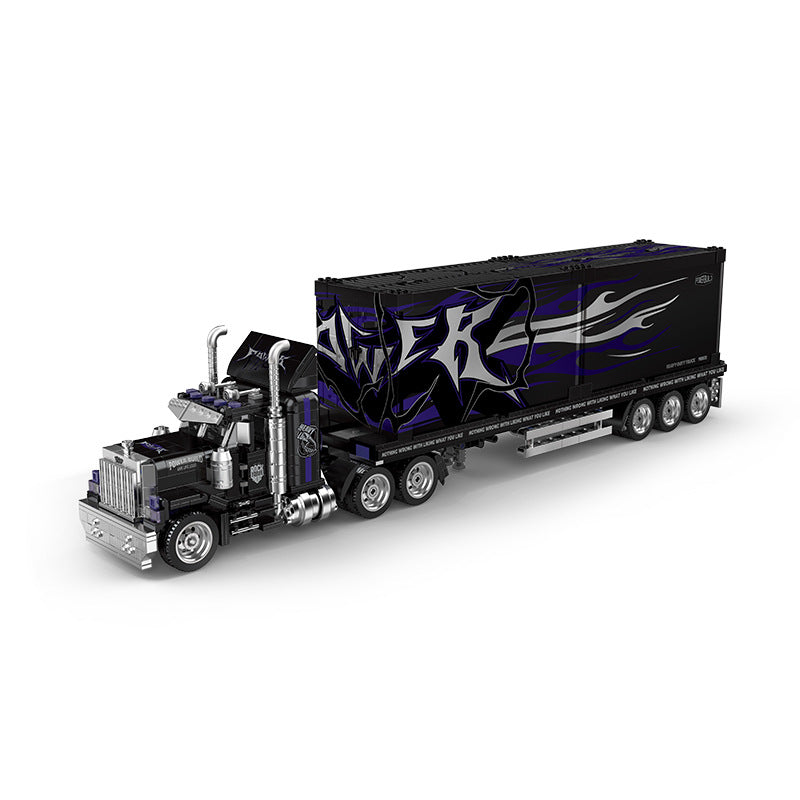 Model truck with a black and purple design on a white background