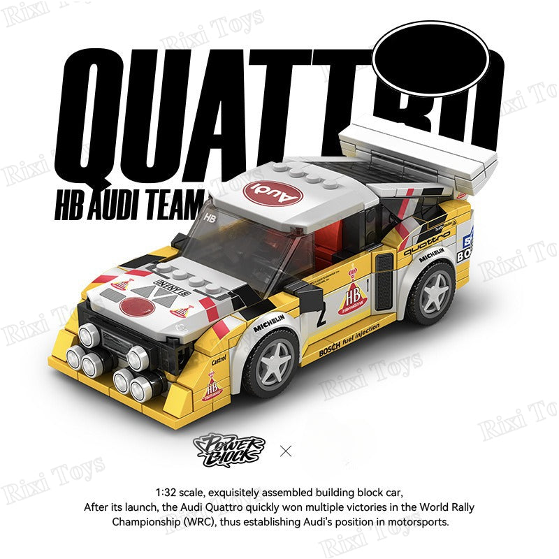 Toy car model of Audi Quattro with 'Quattrob' branding on a white background