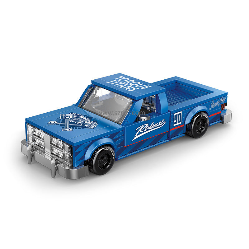 Blue toy truck with branding on a white background
