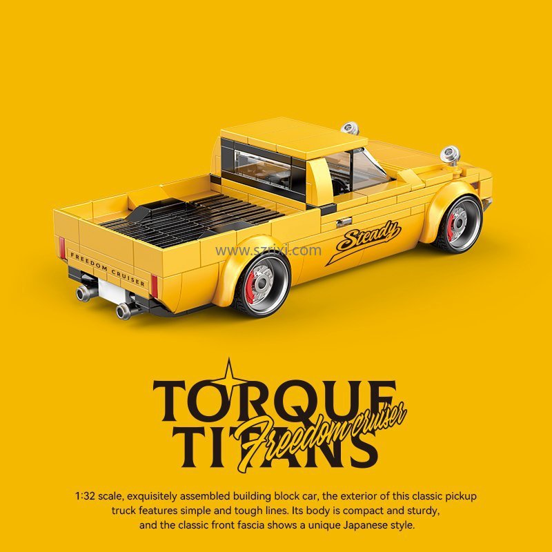 Yellow toy truck with 'Steady' branding on a yellow background, featuring the brand 'Torque Freedom'.