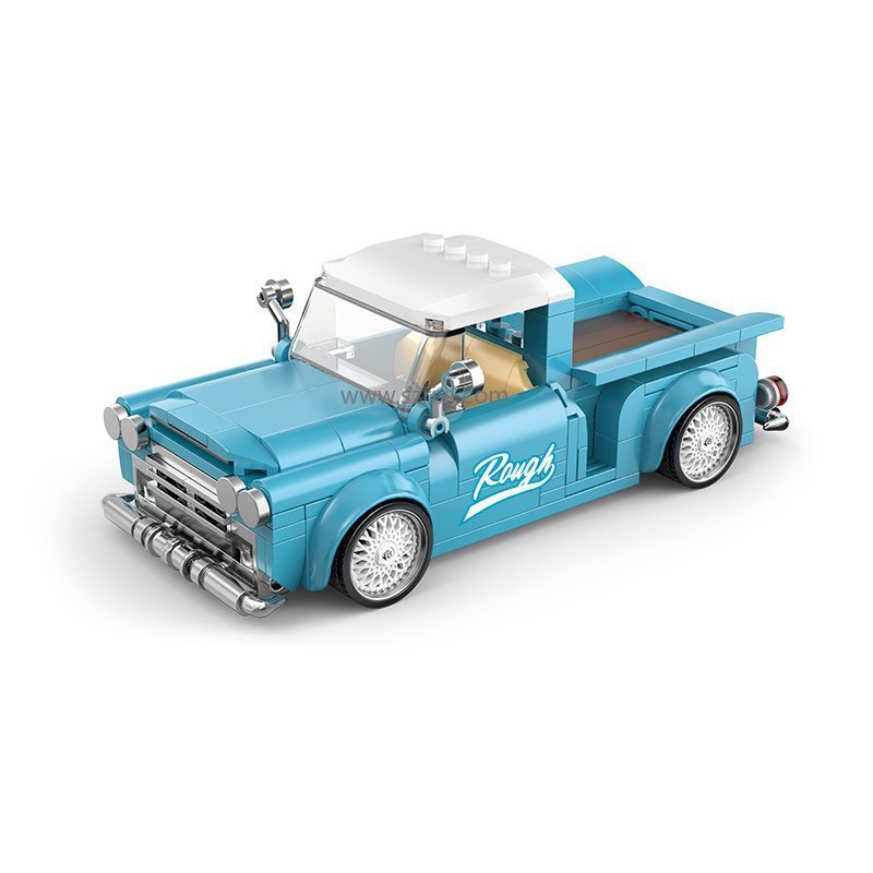 Toy blue truck model with 'Rough' branding on a white background