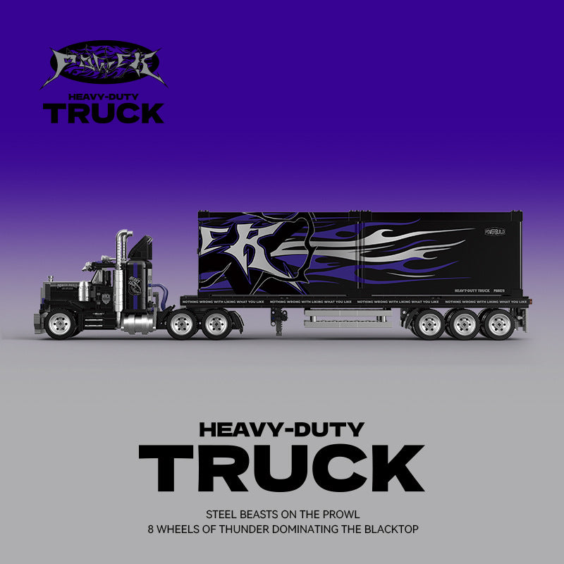 Heavy-duty truck with a stylized design on a purple and gray gradient background