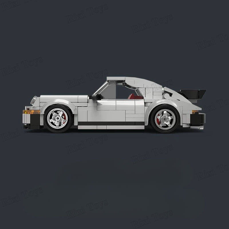 Model car made of interlocking bricks on a dark background