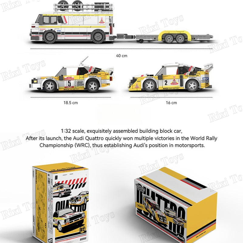Audi Quattro model car set with packaging and dimensions on a white background