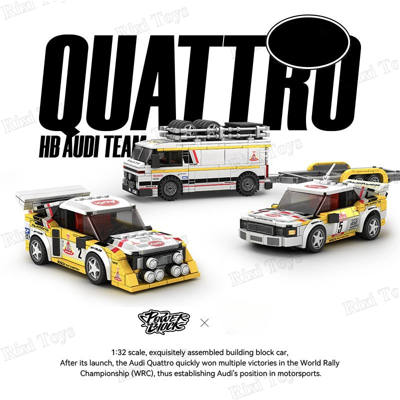 Toy model cars with Audi branding on a white background, featuring the word 'Quattro'.