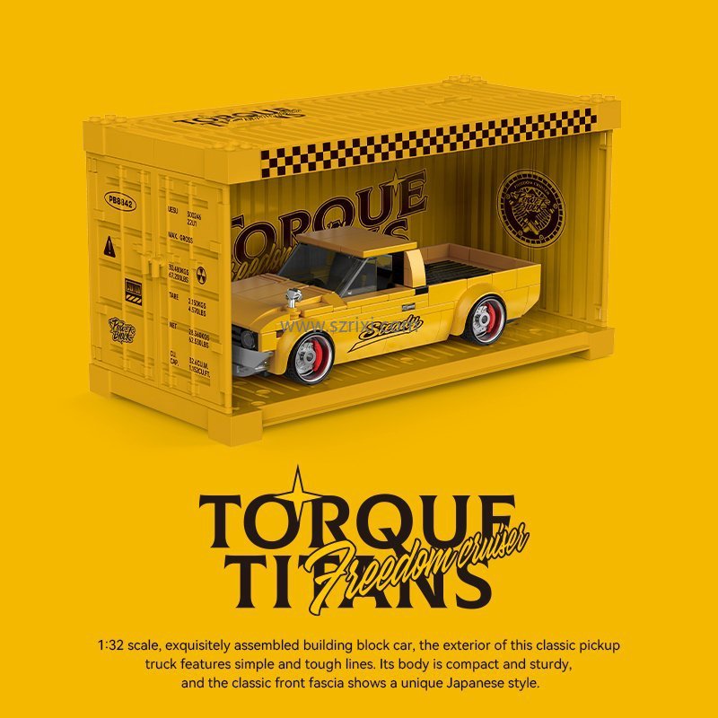Model truck in a yellow box with 'Torque Titans' branding on a yellow background
