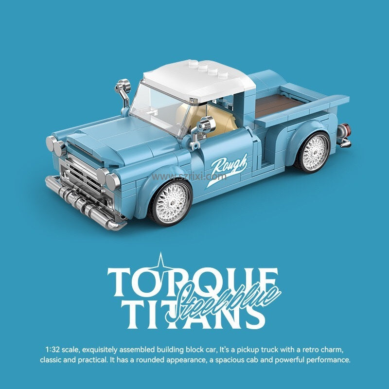 Model pickup truck made of building blocks on a blue background with 'Torque Titans' branding.