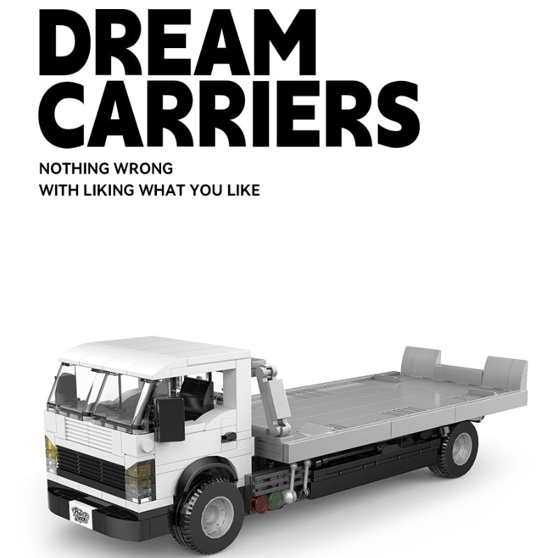 Toy truck model with 'Dream Carriers' text and slogan on a white background