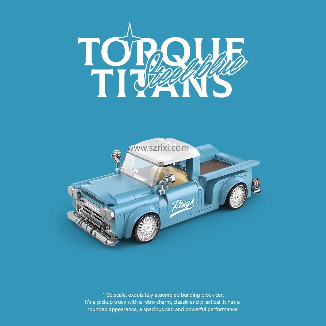 Toy pickup truck with 'Torque Titans' branding on a blue background