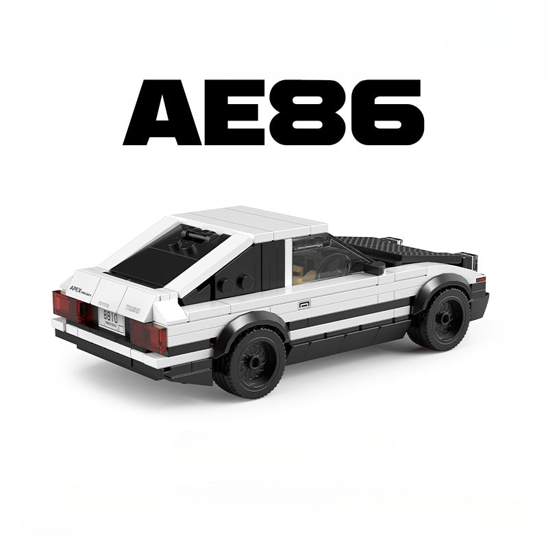 Model of a car made from interlocking bricks with 'AE86' text above it on a white background