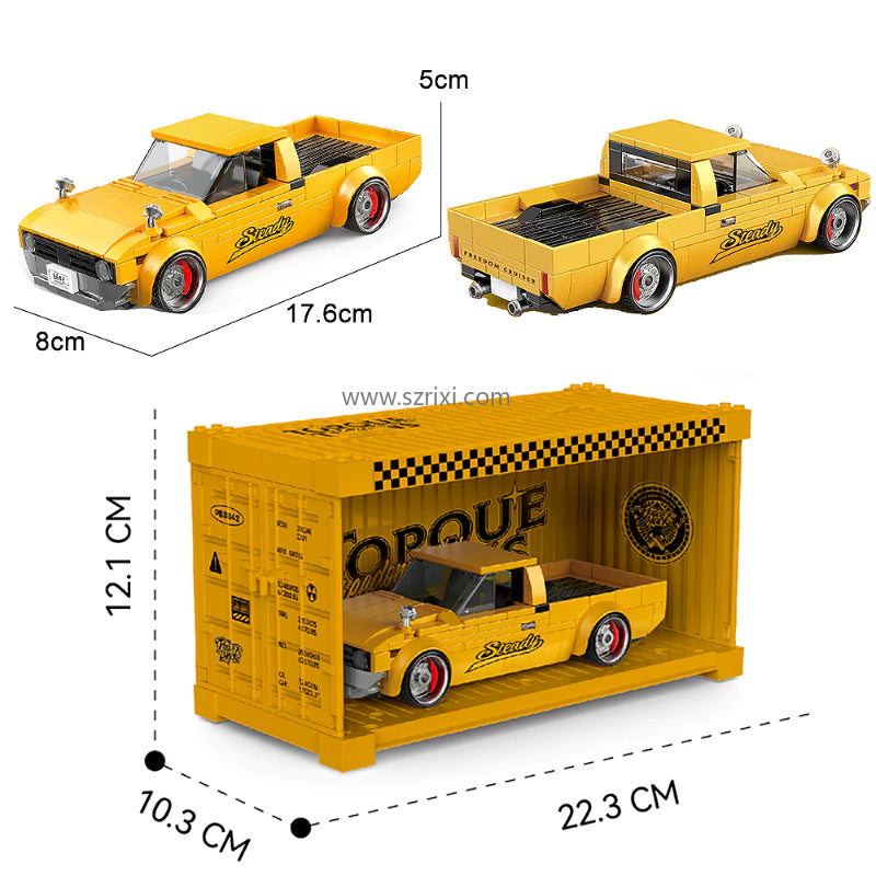 Yellow toy truck with dimensions and packaging shown on a white background