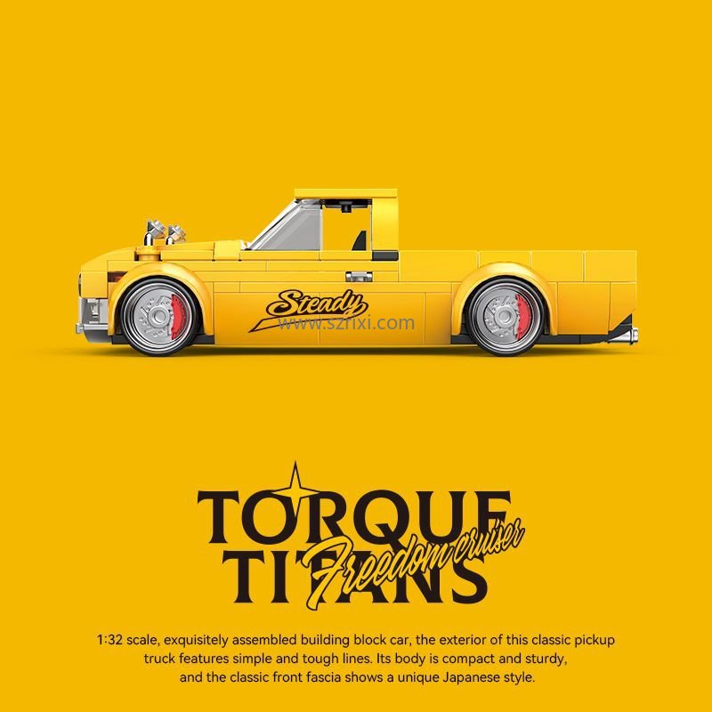 Yellow toy truck with 'Torque Titans' branding on a yellow background