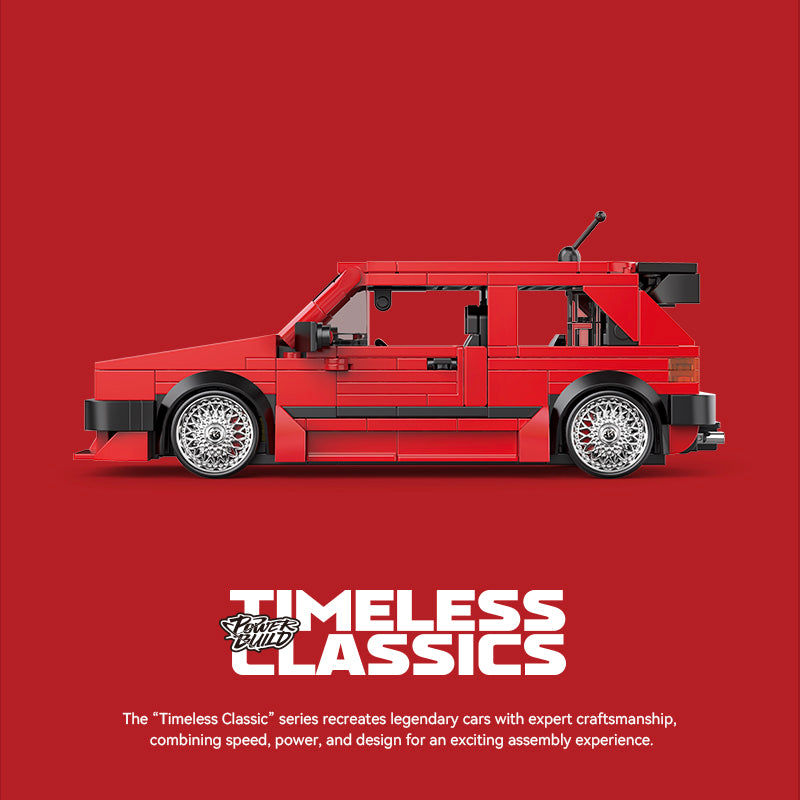 Red model car on a red background with 'Timeless Classics' branding.