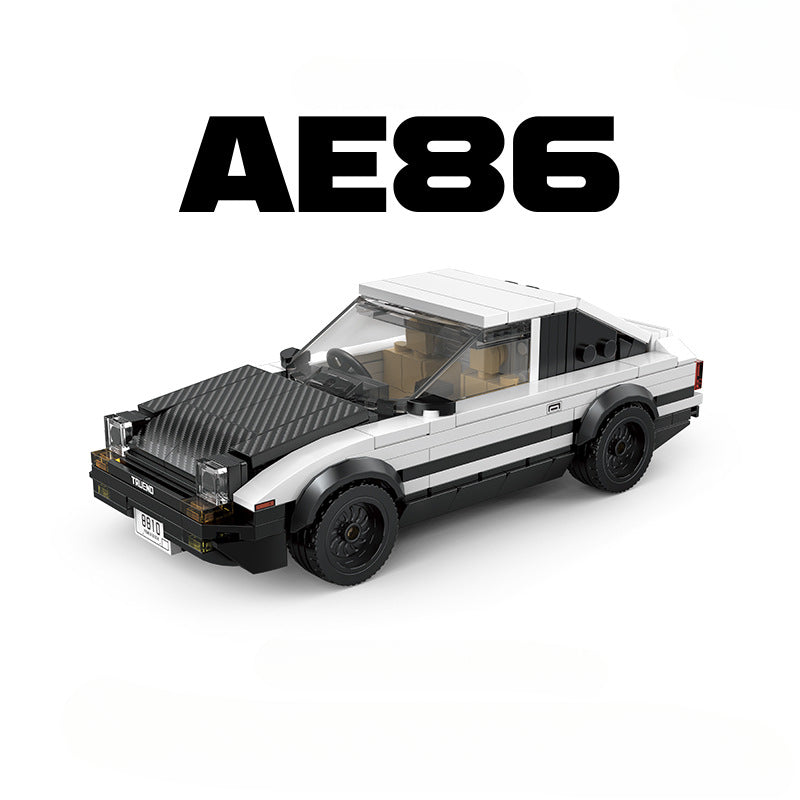 LEGO model of a car with 'AE86' text on a white background