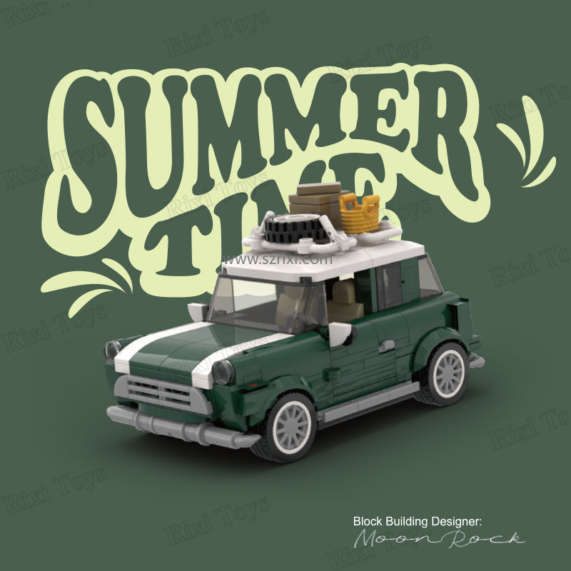 Toy car with summer-themed decorations on a green background