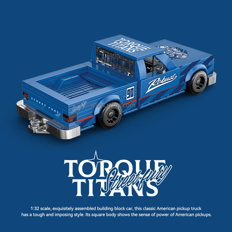 Blue toy pickup truck with 'Torque Titans' branding on a blue background