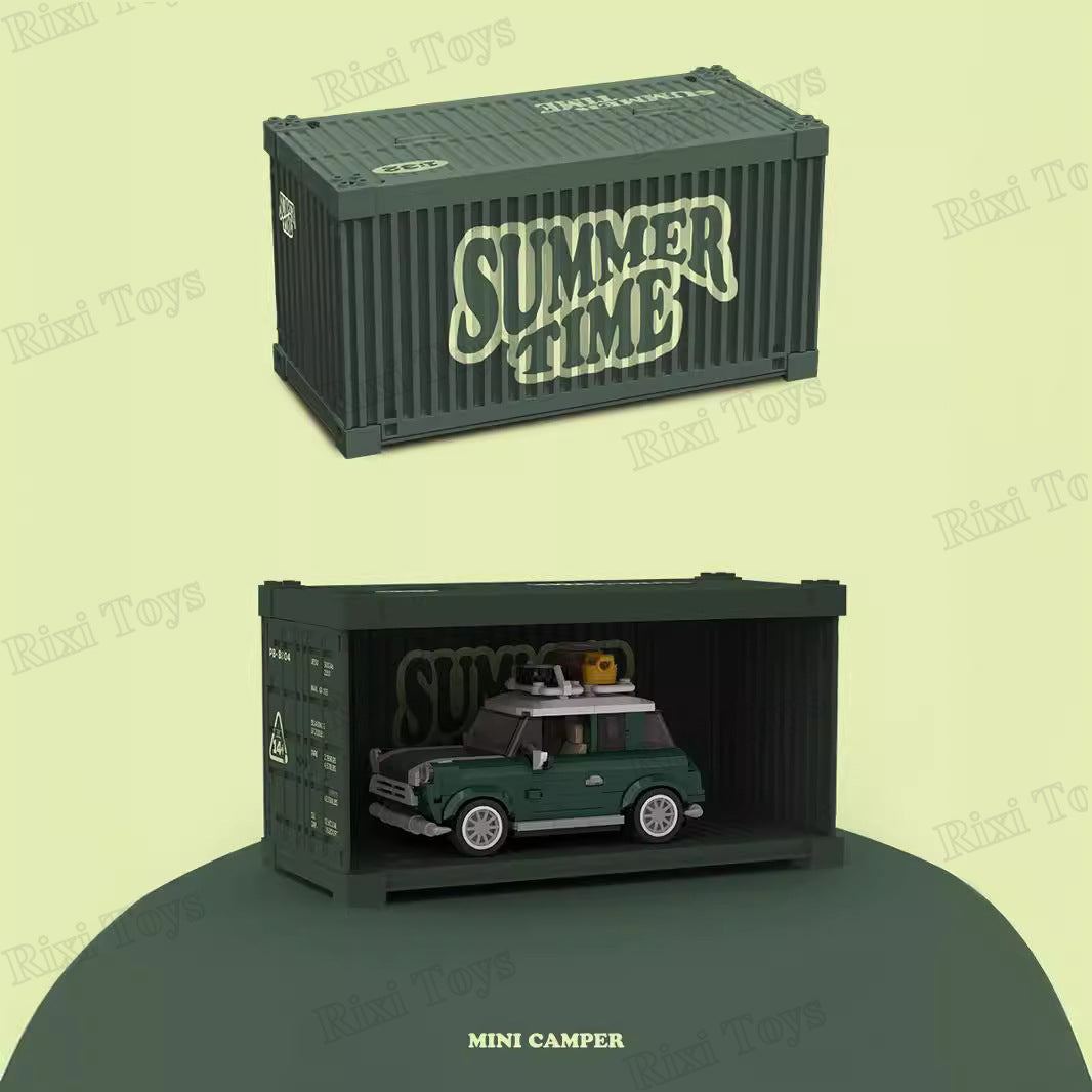 Toy mini camper inside a 'Summer Time' themed container on a light green background