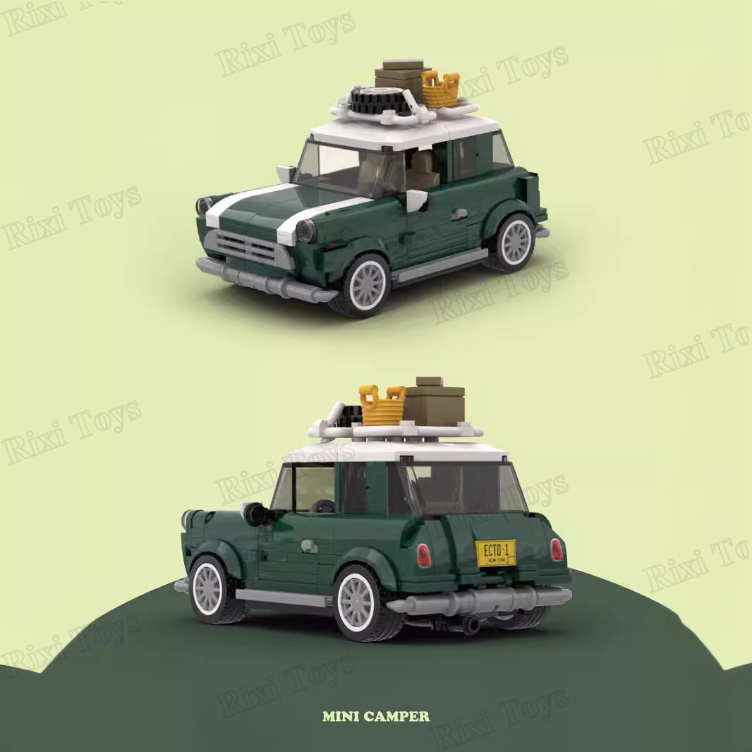 Toy model of a green Mini Camper on a light green background