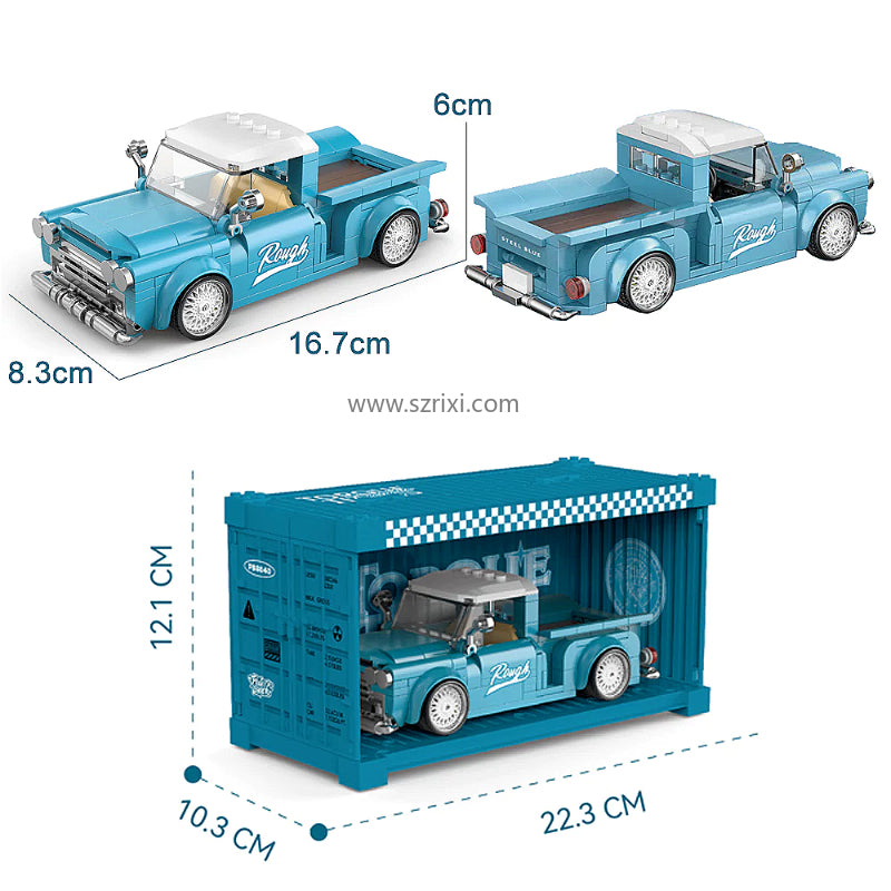 Blue toy truck with dimensions and packaging shown on a white background