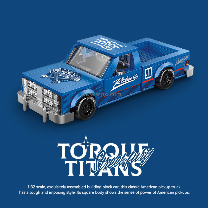 Blue toy pickup truck with 'Torque Titans' branding on a blue background