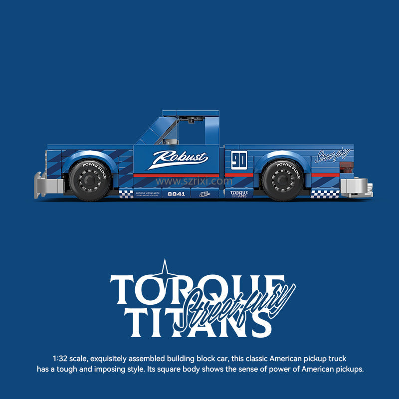 Model pickup truck with 'Torque Titans' branding on a blue background