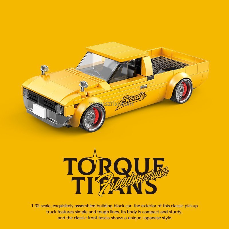 Yellow toy truck with 'Steady' branding on a yellow background, featuring the brand 'Torque Titans'.