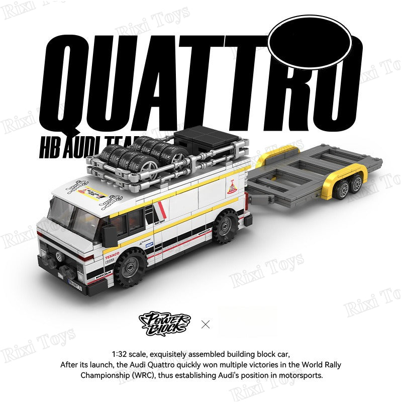 Model car kit of Audi Quattro with trailer on a white background