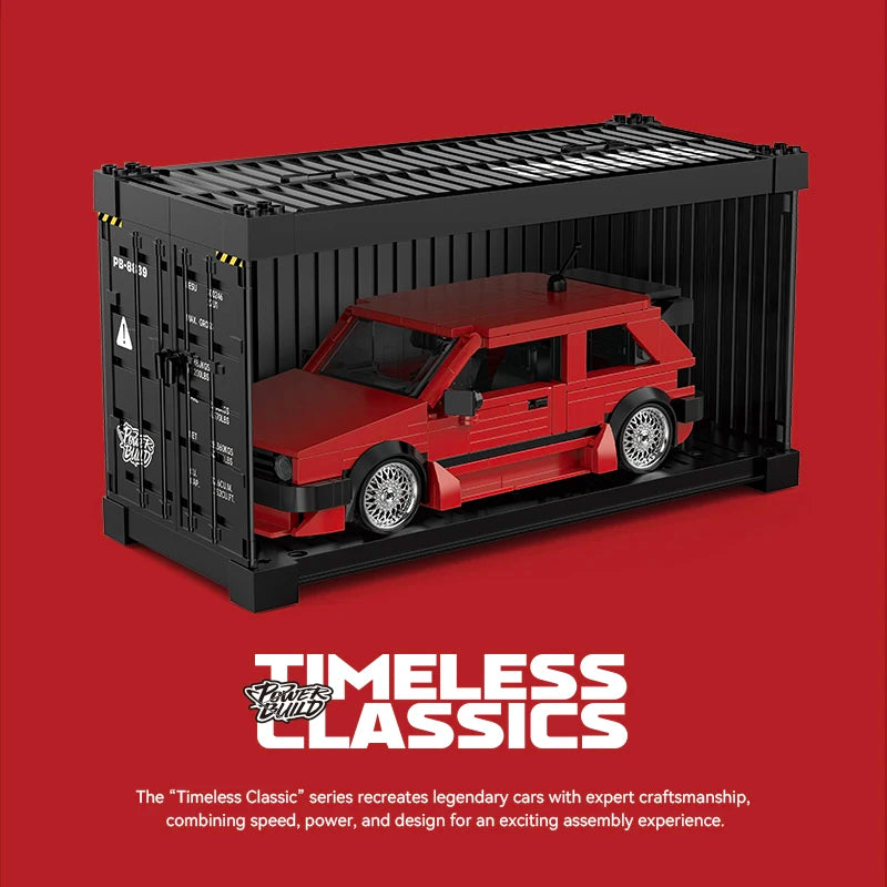 Red toy car inside a black container with 'Timeless Classics' branding on a red background