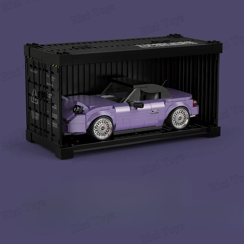 Purple toy car inside a black toy container on a dark purple background