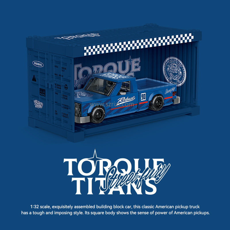 Model truck in a display case with 'Torque Titans' branding on a blue background