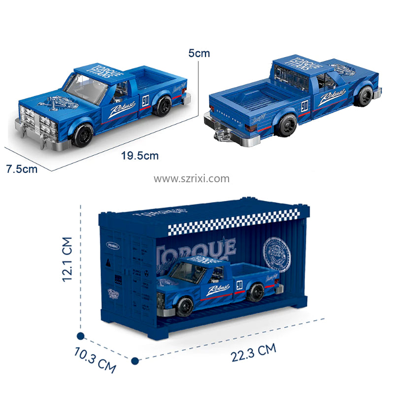 Blue toy truck with dimensions and packaging shown on a white background