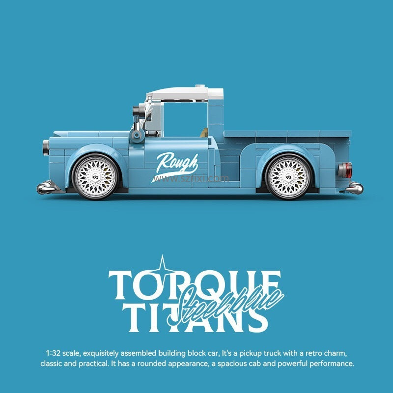 Blue pickup truck model on a blue background with 'Torque Titans' branding.