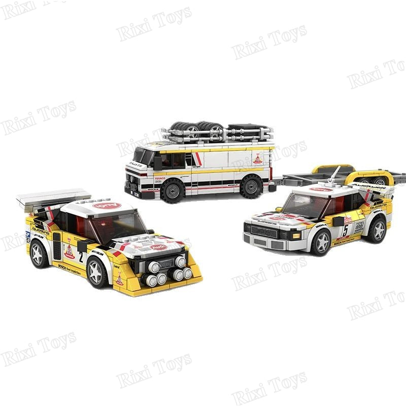 Set of toy cars made from interlocking bricks on a white background