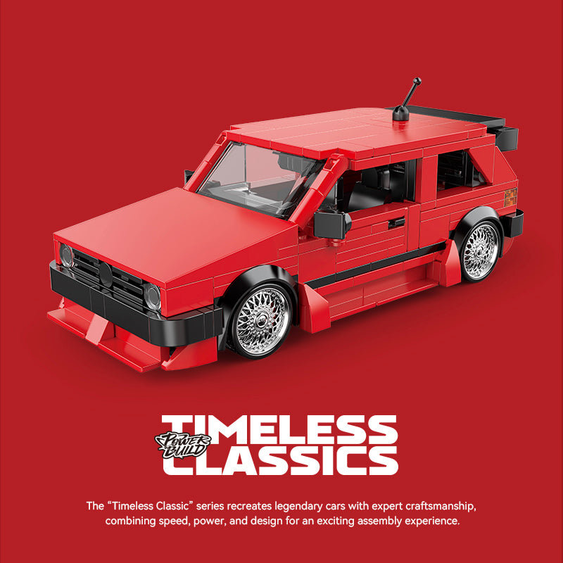 Red toy car model on a red background with 'Timeless Classics' branding.
