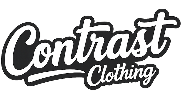 The logo for Contrast Clothing, featuring stylized black and white cursive text on a plain white background.